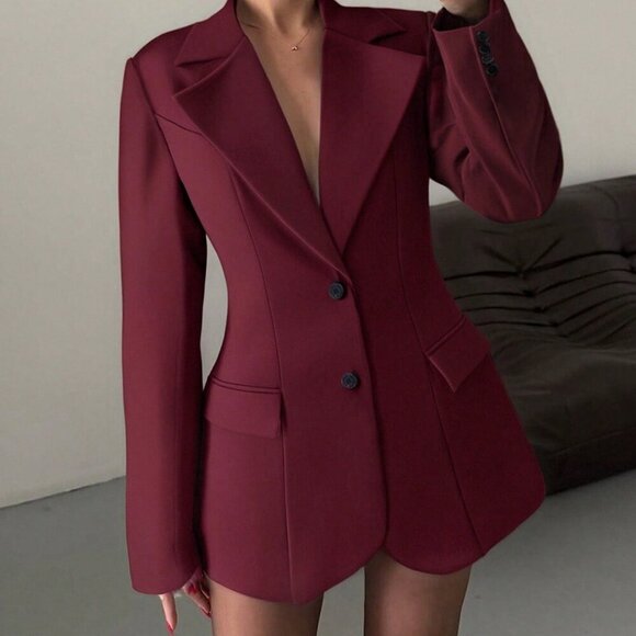 Burgundy Elegant Women's Blazer Jacket - Picture 4 of 8
